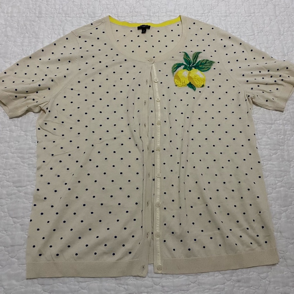 Talbots 1X Lemon Cream Cardigan with Navy Dots and Yellow Trim
